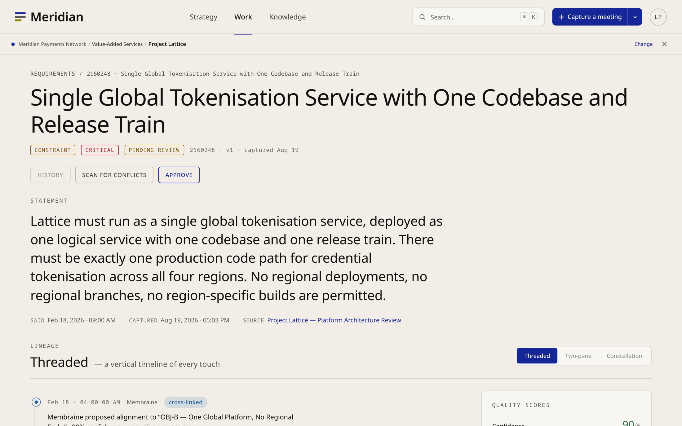 One requirement, with its rationale, its compliance constraints and its provenance