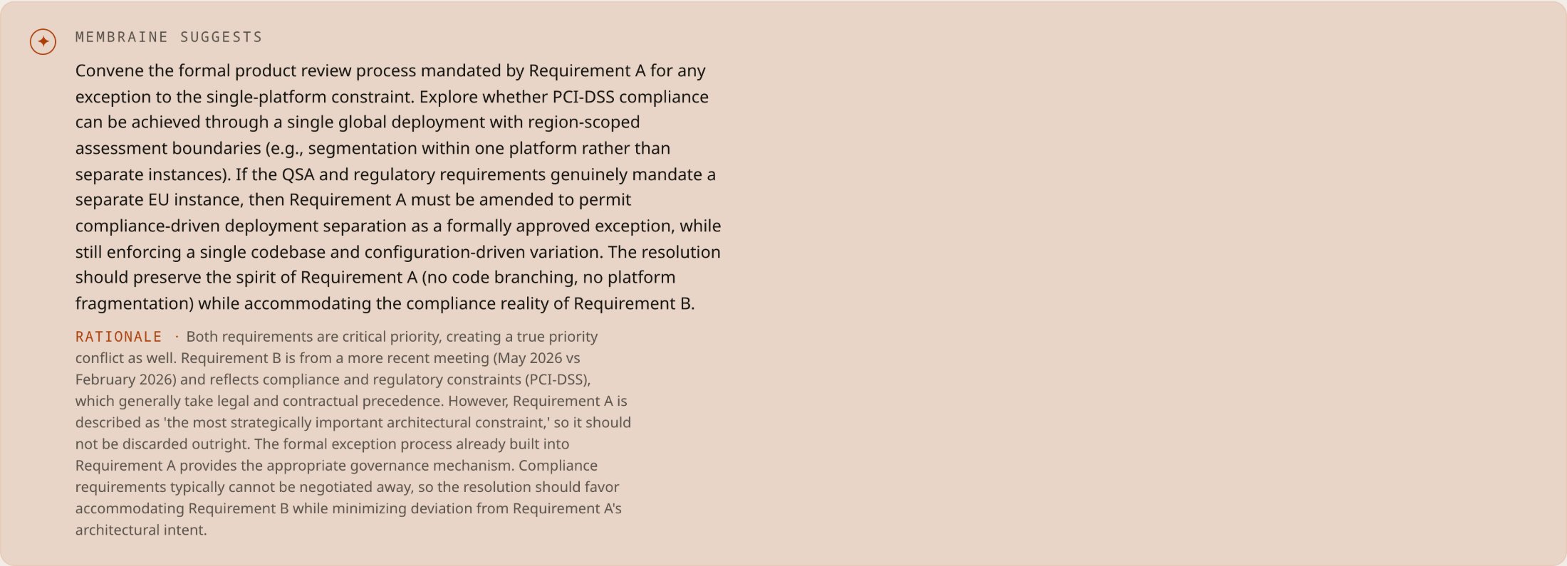A Membraine recommendation with its rationale, before anyone has picked an option