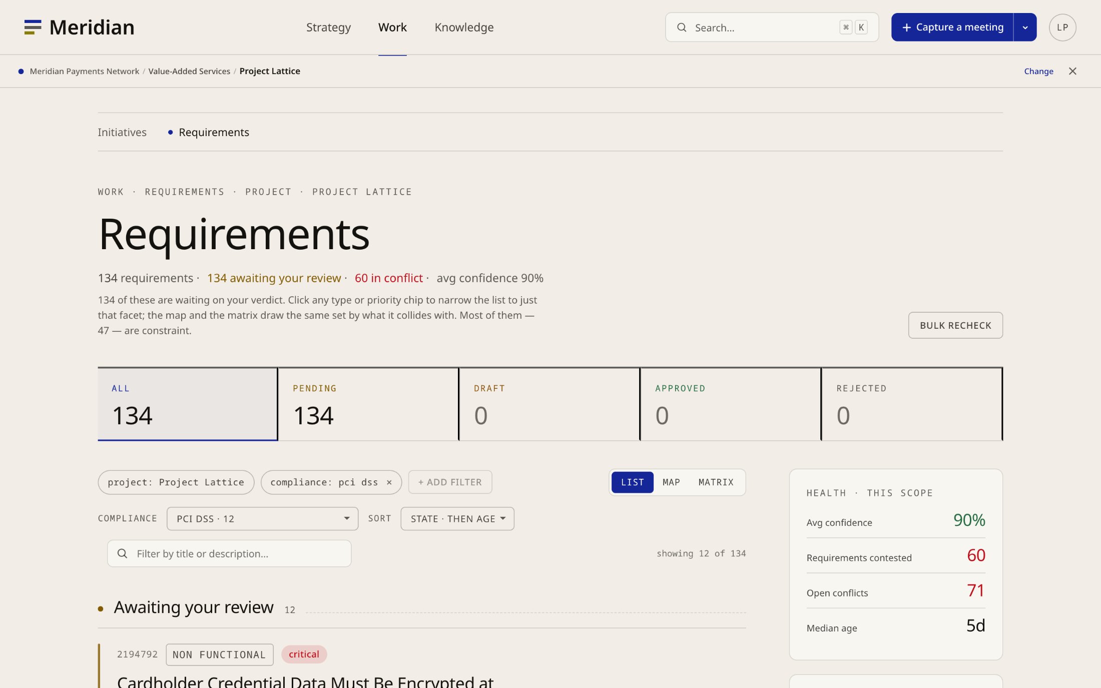 The compliance lens filtered to PCI DSS: showing 12 of 134 requirements